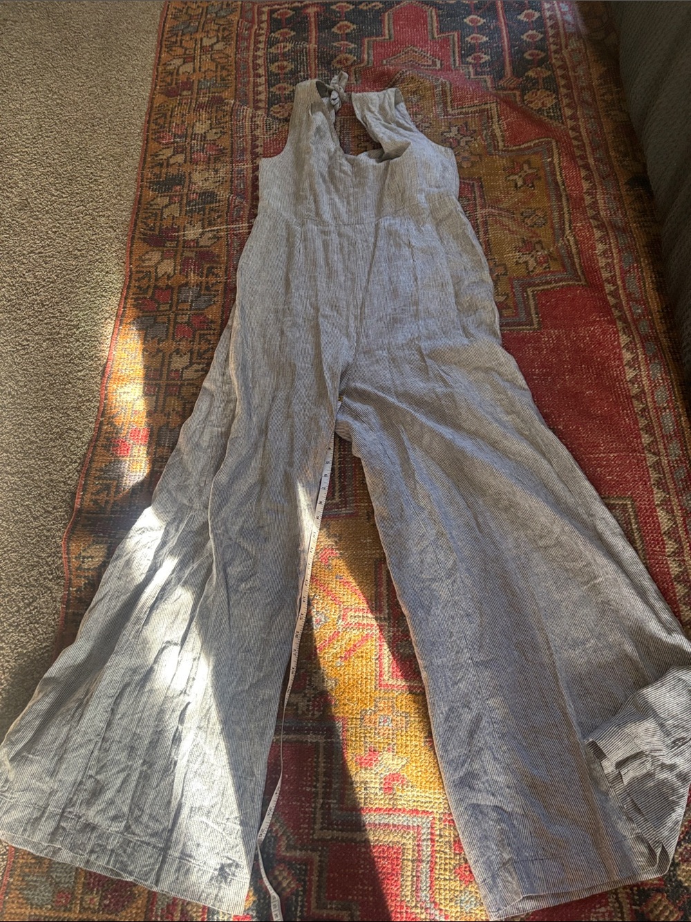 New York & Company seersucker, blue and white linen blend jumpsuit
